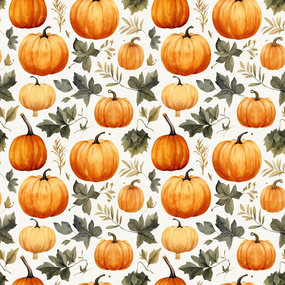 Pattern of orange pumpkins and green leaves on a light background.