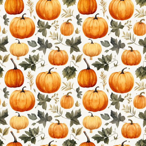 Pattern of orange pumpkins and green leaves on a light background.