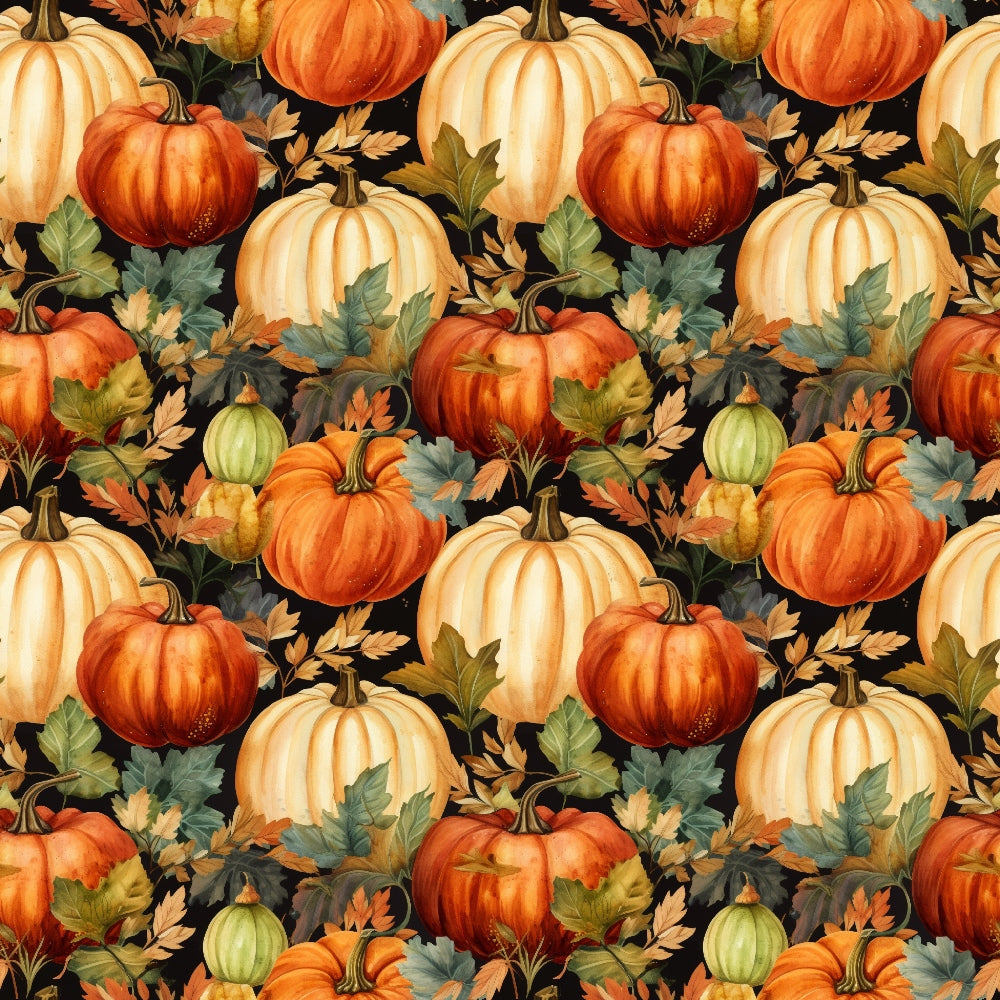 A pattern of orange and white pumpkins with green and brown leaves is arranged against a dark background.