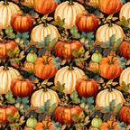 A pattern of orange and white pumpkins with green and brown leaves is arranged against a dark background.