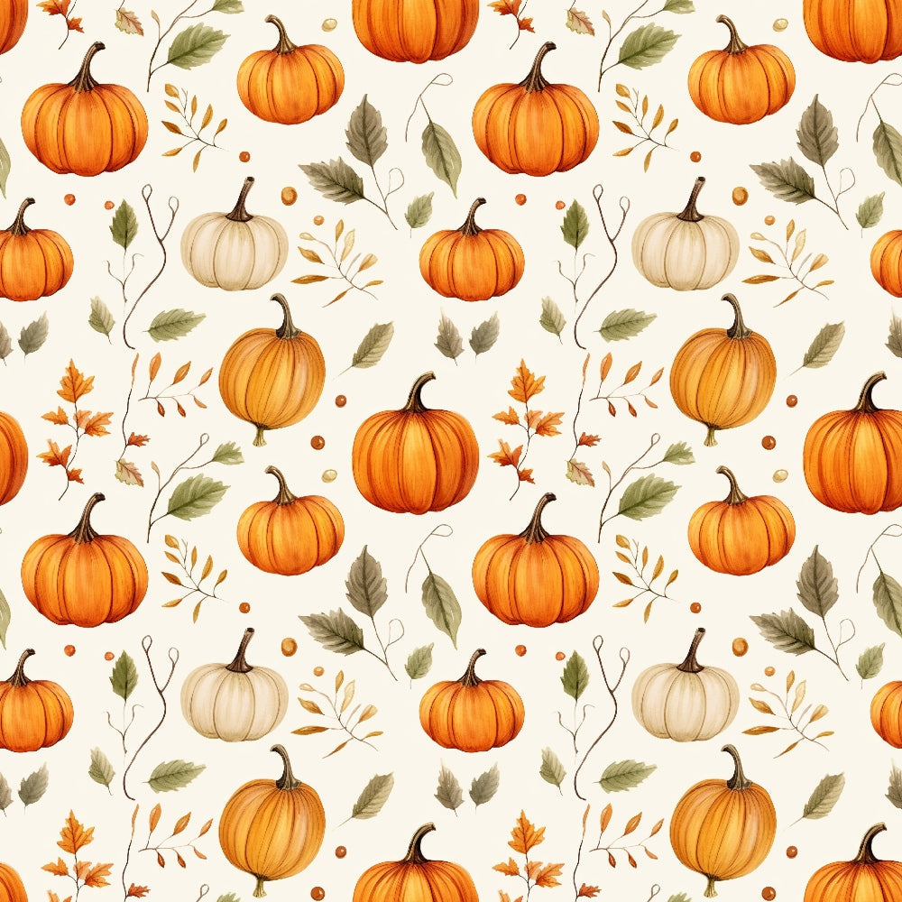 Pattern of orange and white pumpkins, green leaves, and small autumn elements on a light background.