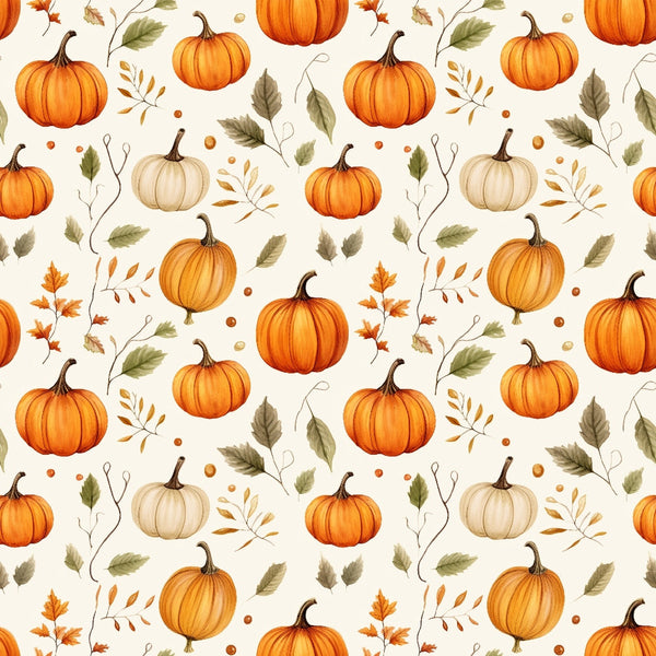Pattern of orange and white pumpkins, green leaves, and small autumn elements on a light background.