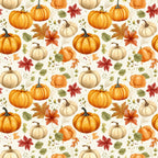 Seamless pattern featuring pumpkins, autumn leaves, and acorns on a light background.