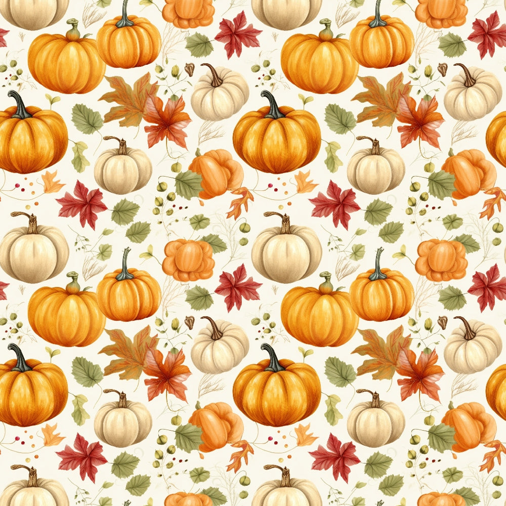 Seamless pattern featuring pumpkins, autumn leaves, and acorns on a light background.