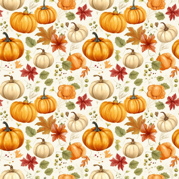 Seamless pattern featuring pumpkins, autumn leaves, and acorns on a light background.