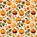 Seamless pattern of pumpkins, apples, and autumn leaves on a light background.