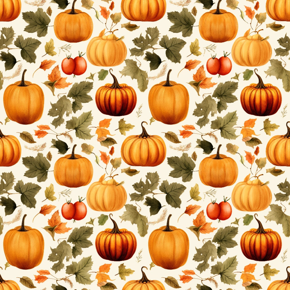 Seamless pattern of pumpkins, apples, and autumn leaves on a light background.