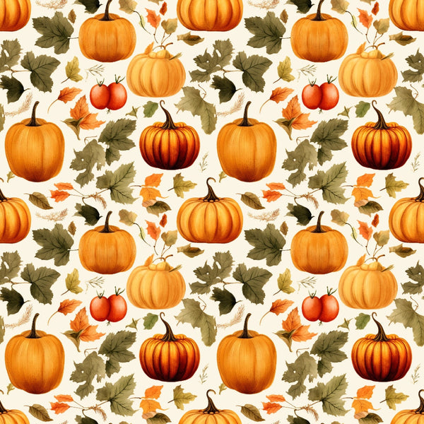 Seamless pattern of pumpkins, apples, and autumn leaves on a light background.