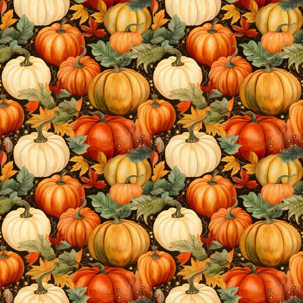 Seamless pattern of various orange, white, and red pumpkins with green leaves and acorns on a dark background.