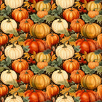 Seamless pattern of various orange, white, and red pumpkins with green leaves and acorns on a dark background.