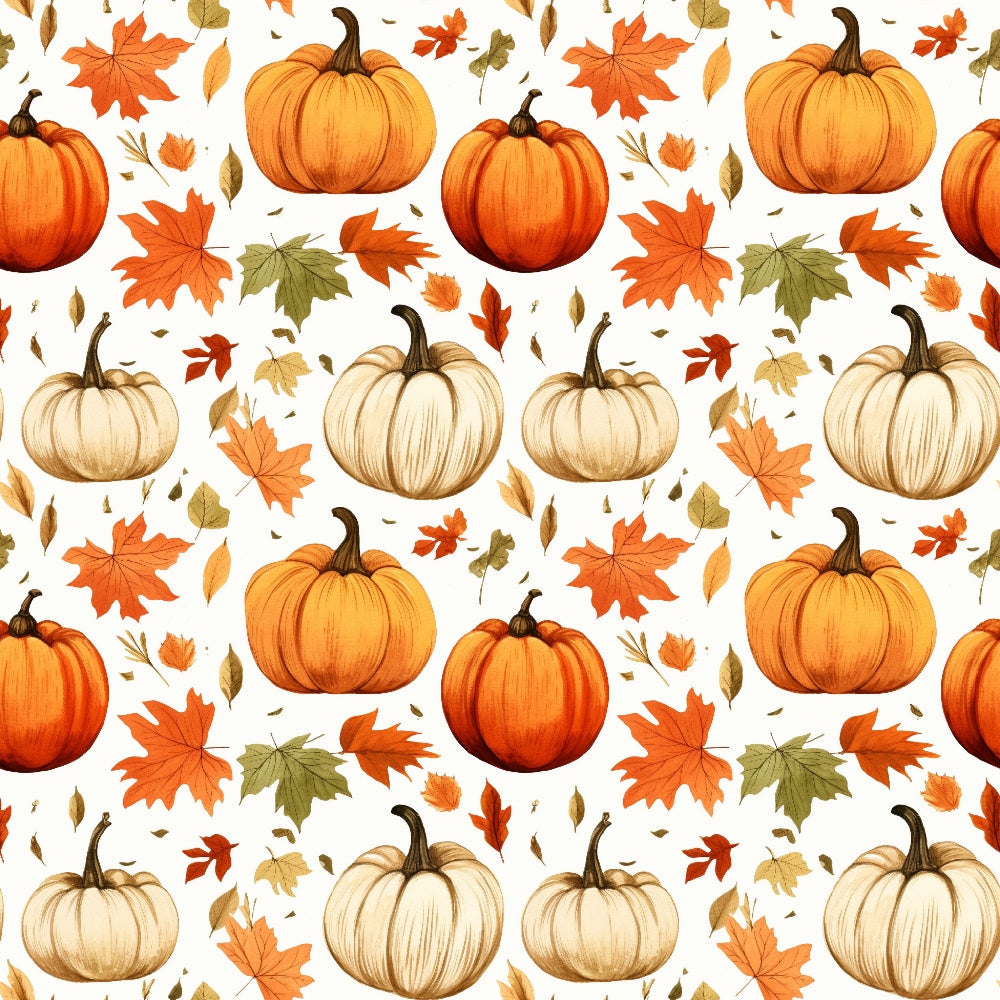 Patterned image with pumpkins and autumn leaves in orange, red, and green shades, arranged in a repeated design on a white background.
