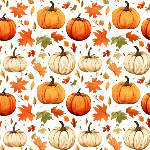 Patterned image with pumpkins and autumn leaves in orange, red, and green shades, arranged in a repeated design on a white background.