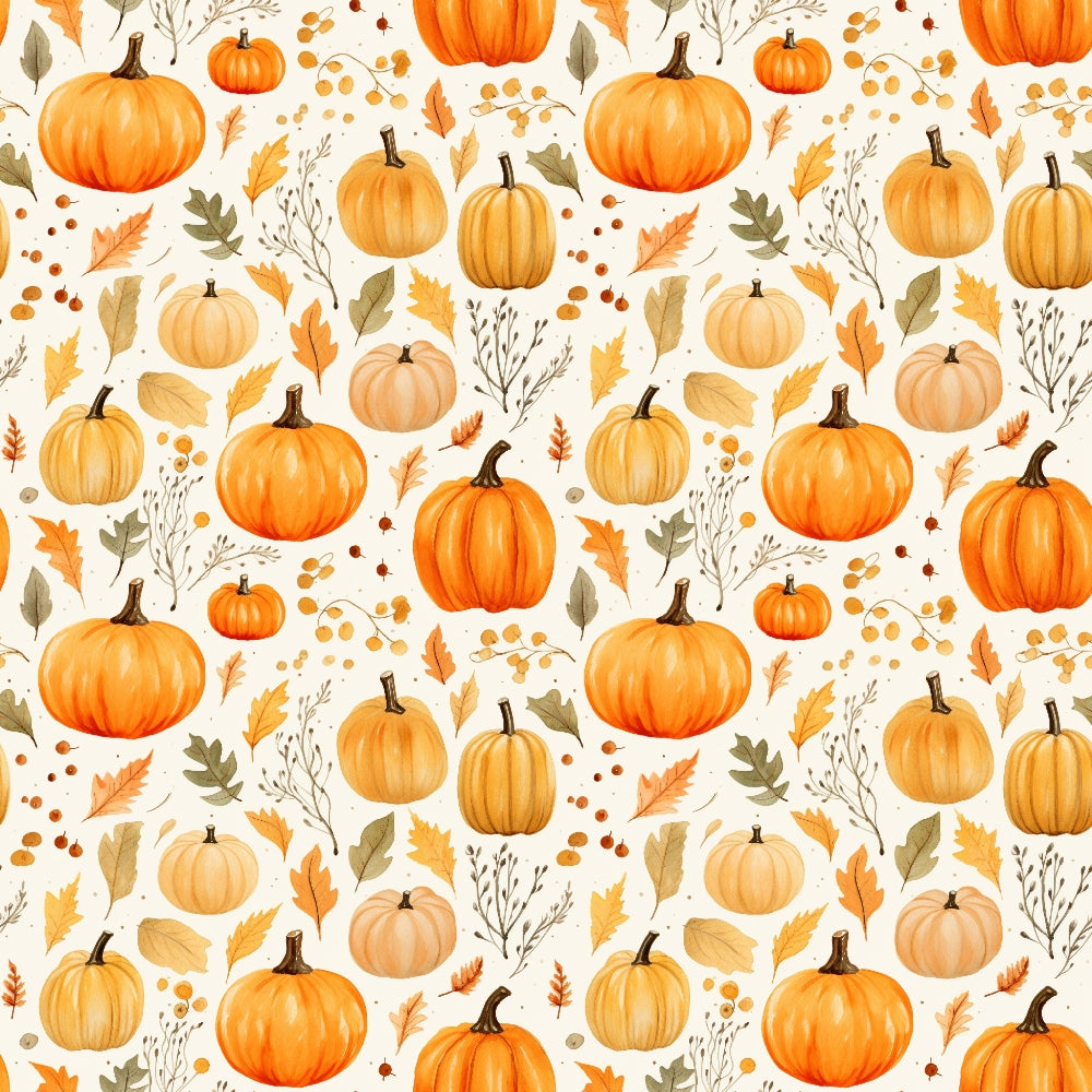 Pattern of orange and beige pumpkins, autumn leaves, and twigs on a light background.