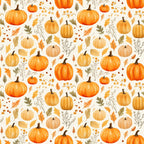 Pattern of orange and beige pumpkins, autumn leaves, and twigs on a light background.