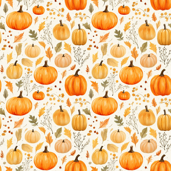 Pattern of orange and beige pumpkins, autumn leaves, and twigs on a light background.