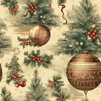 Festive pattern with pine branches, holly, and large ornate baubles on a beige background.