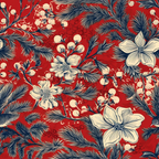 Intricate floral pattern with white flowers and dark blue leaves on a vibrant red background.