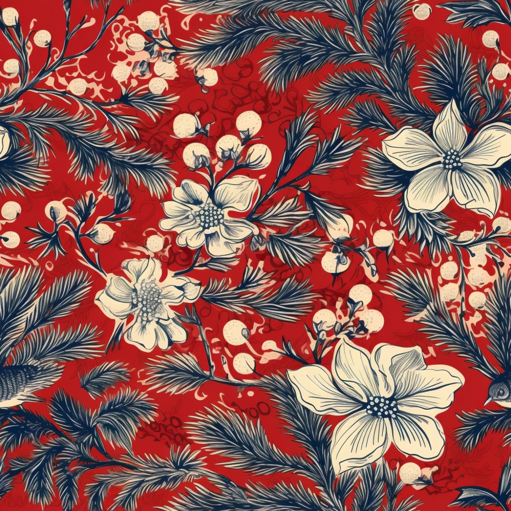 Intricate floral pattern with white flowers and dark blue leaves on a vibrant red background.