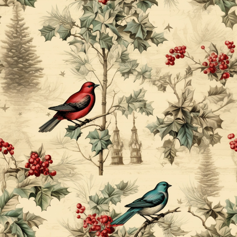 Two birds perched on holly branches with red berries, against a background of trees and silhouetted buildings.