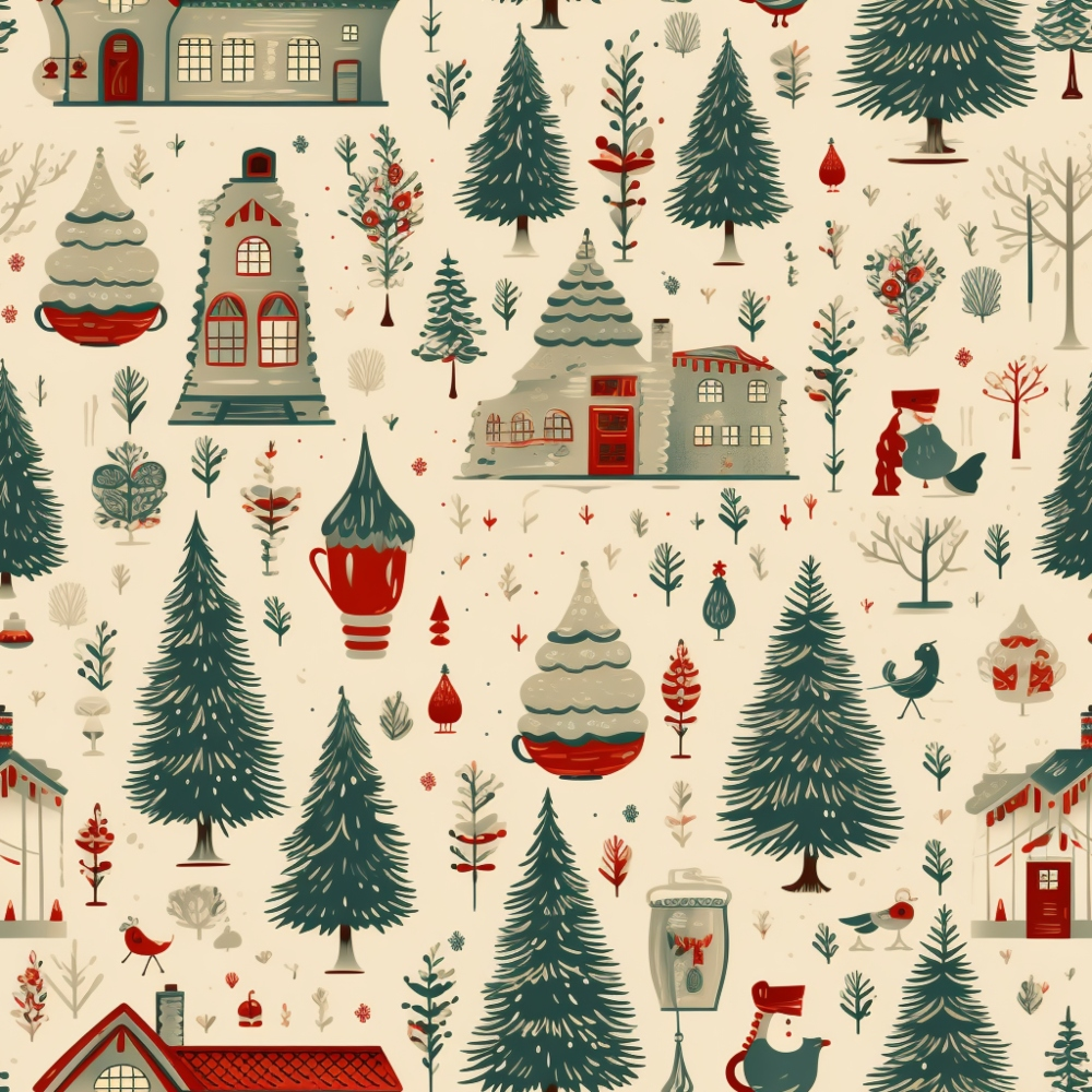 Illustration of winter-themed objects: houses, trees, and decorative items like cups and birds, arranged in a repeating pattern with a muted color palette.