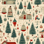 Illustration of winter-themed objects: houses, trees, and decorative items like cups and birds, arranged in a repeating pattern with a muted color palette.