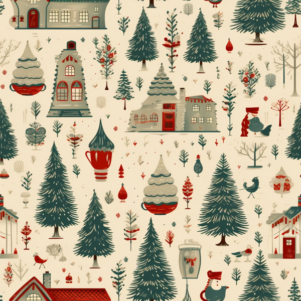Illustration of winter-themed objects: houses, trees, and decorative items like cups and birds, arranged in a repeating pattern with a muted color palette.
