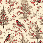 Illustrated pattern with birds on branches, surrounded by holly berries and pine trees, set against a cream background.