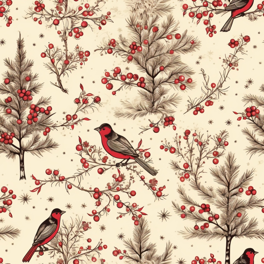 Illustrated pattern with birds on branches, surrounded by holly berries and pine trees, set against a cream background.
