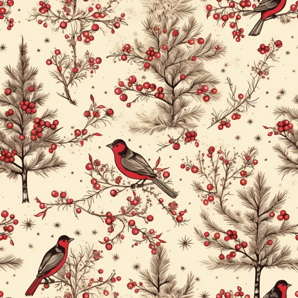 Illustrated pattern with birds on branches, surrounded by holly berries and pine trees, set against a cream background.
