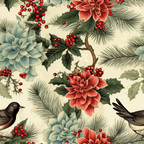 Floral pattern featuring red poinsettias, blue flowers, green pine branches, red berries, and birds on a beige background.