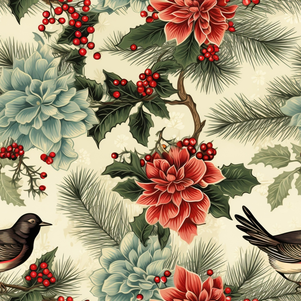 Floral pattern featuring red poinsettias, blue flowers, green pine branches, red berries, and birds on a beige background.