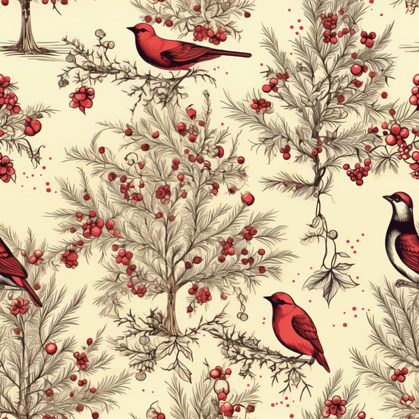 Illustrated red birds perched on tree branches with red berries, set against a cream background.