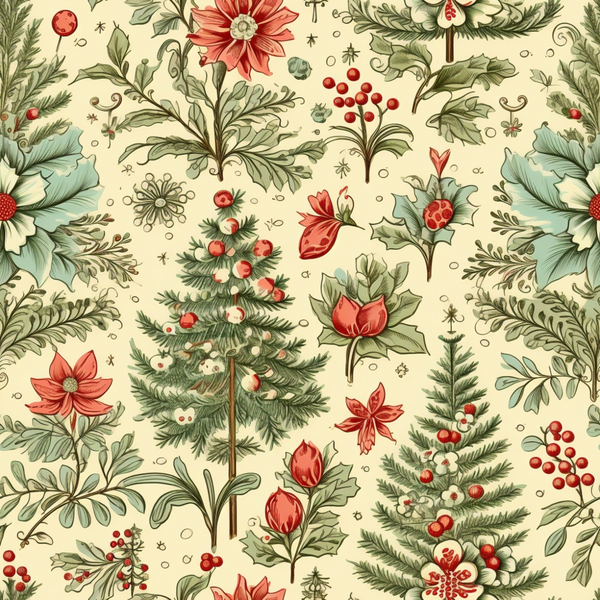 Seamless botanical pattern featuring Christmas trees, poinsettias, holly, and berries in red and green hues on a light beige background.