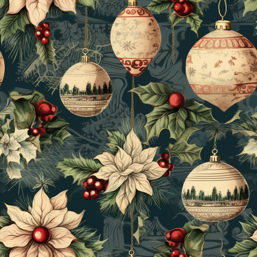 Festive pattern featuring cream-colored ornaments, holly leaves, red berries, and white poinsettias on a dark background.