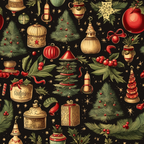 Festive holiday pattern featuring Christmas trees, ornaments, pine cones, holly, and gift boxes on a dark background.