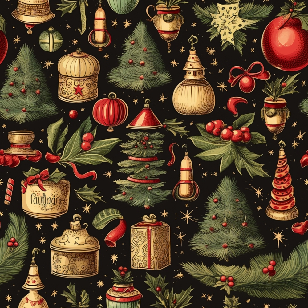 Festive holiday pattern featuring Christmas trees, ornaments, pine cones, holly, and gift boxes on a dark background.