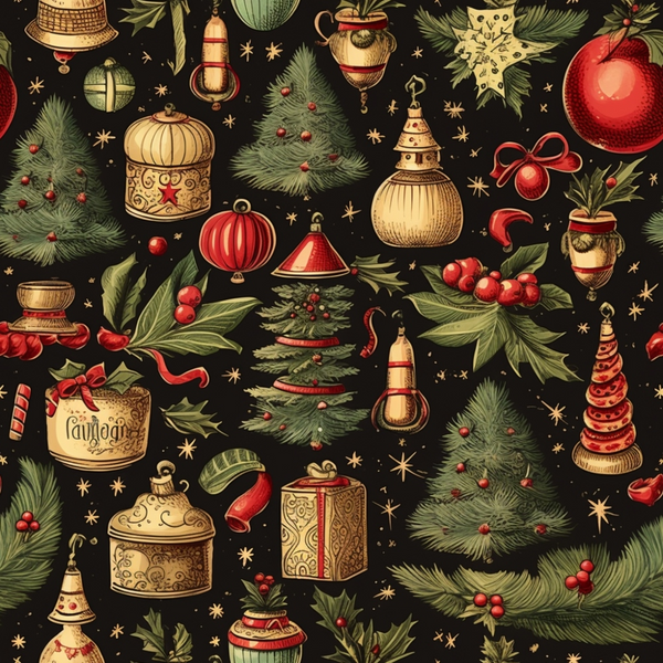 Festive holiday pattern featuring Christmas trees, ornaments, pine cones, holly, and gift boxes on a dark background.