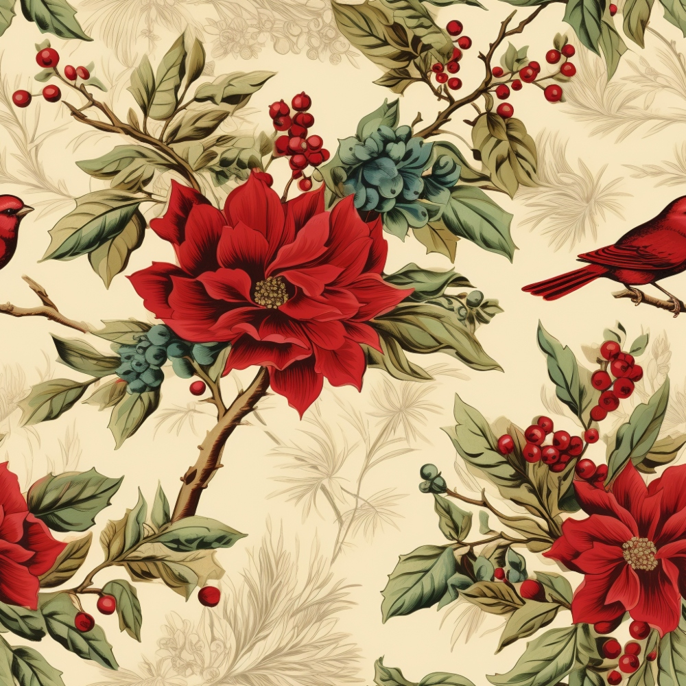 Patterned wallpaper featuring red flowers, berries, green leaves, and red birds on cream background.