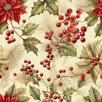 Festive pattern featuring red berries, holly leaves, and poinsettias on a beige background.