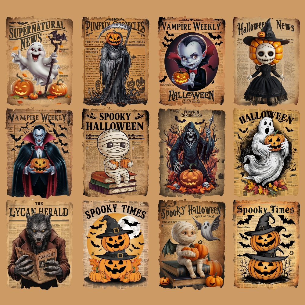 Vintage Halloween-themed posters featuring various characters like a vampire, mummy, ghost, and more, each with pumpkins and themed text on old-style paper backgrounds.