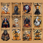 Vintage Halloween-themed posters featuring various characters like a vampire, mummy, ghost, and more, each with pumpkins and themed text on old-style paper backgrounds.