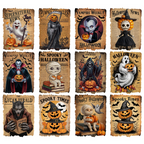 Vintage Halloween-themed posters featuring ghosts, vampires, mummies, and pumpkins with retro newspaper-style designs.