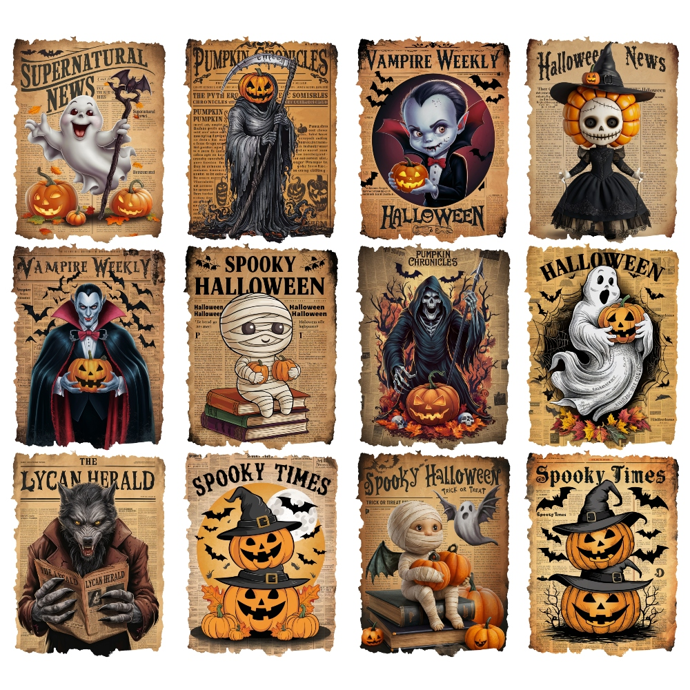 Vintage Halloween-themed posters featuring ghosts, vampires, mummies, and pumpkins with retro newspaper-style designs.