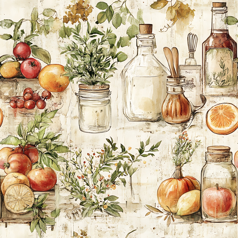 Watercolor illustration of assorted fruits, herbs, and various jars and bottles arranged on a light textured background.