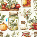 Illustrated patterns of preserved jars, herbs, and vegetables like pumpkins, oranges, and peppers on a light background.