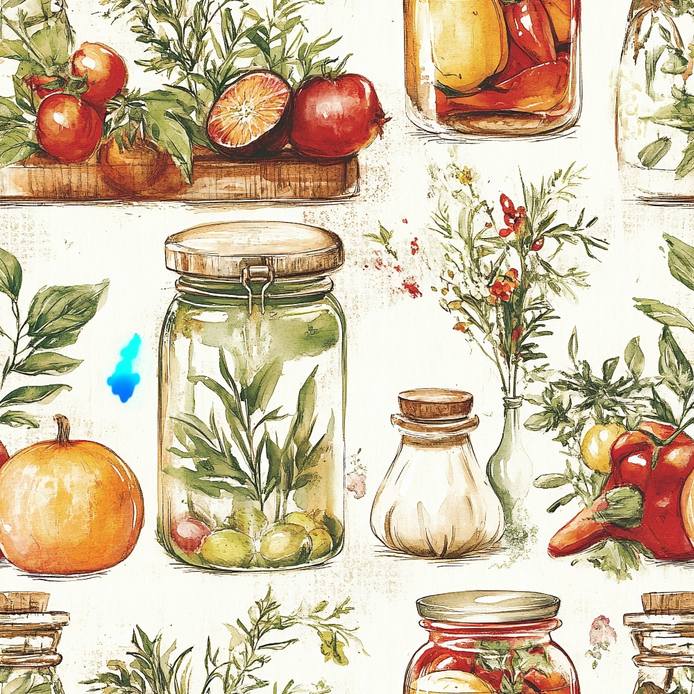Illustrated patterns of preserved jars, herbs, and vegetables like pumpkins, oranges, and peppers on a light background.