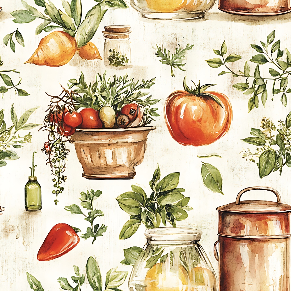 Illustration of vegetables, herbs, and kitchen items, including tomatoes, onions, and jars, with a copper pot and greenery.