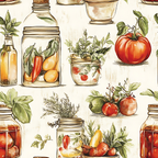 Illustrated jars of preserved vegetables and herbs, large tomato, and peppers arranged on a light background.