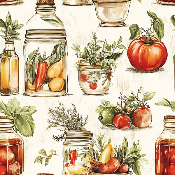 Illustrated jars of preserved vegetables and herbs, large tomato, and peppers arranged on a light background.