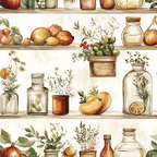 Illustrated shelves filled with various bottles, jars, plants, and fruits, including pumpkins, oranges, and greenery, organized neatly in a rustic style.